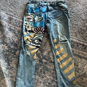 Men's Skinny Light Blue Denim Jeans with Graphic Paint Detail